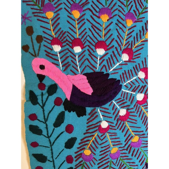 Mexican Hand Embroidered Tapestry Colorful Peacock Flowers Table Runner 64x17 - Picture 3 of 7